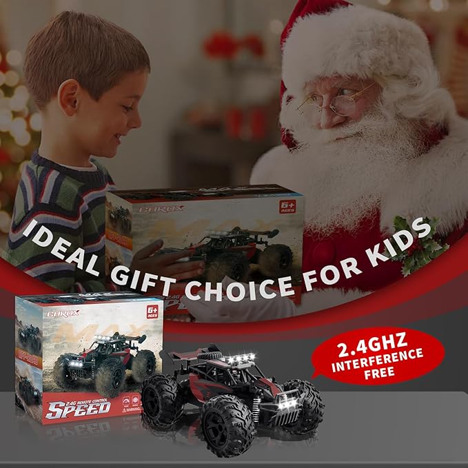 Carox Remote Control Car, 2.4GHz 25KM/H High Speed RC Car, 1:18 Off-Road Monster Truck with LED Lights and 1800mAh Rechargeable Battery – Ideal Gift for Boys 6+