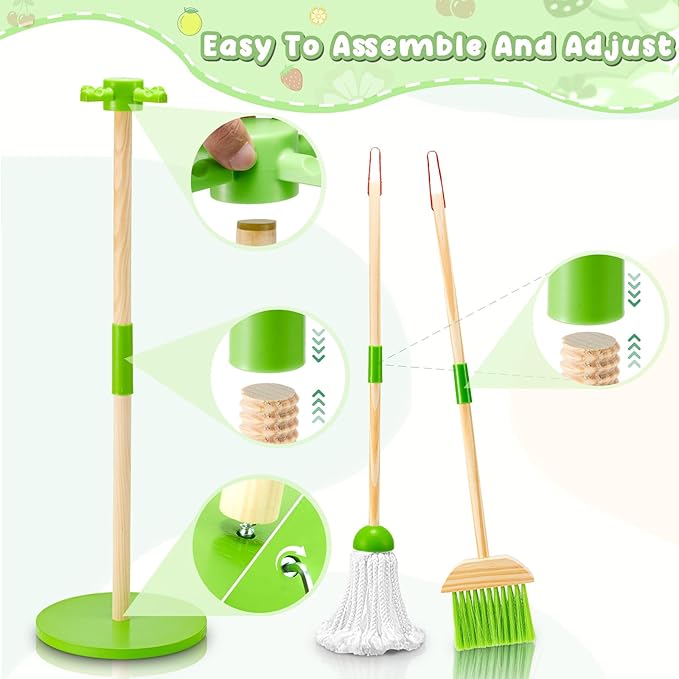 WHOHOLL Kid Cleaning Set, Wooden Toddler Broom Set for Housekeeping, 8 Pcs Kids Broom and Mop Set for Toddlers, Baby Cleaning Toys with Dustpan Sponge, Play Set for Boys and Girls (Green)