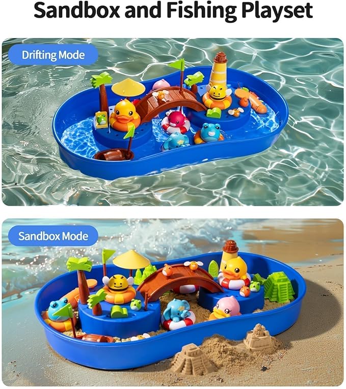 Geyiie Big Magnetic Fishing Pond with Magic Sand & Water Play - Summer Toy for Toddlers and Babies, 20.5 x 12.6 x 2.4 Inches