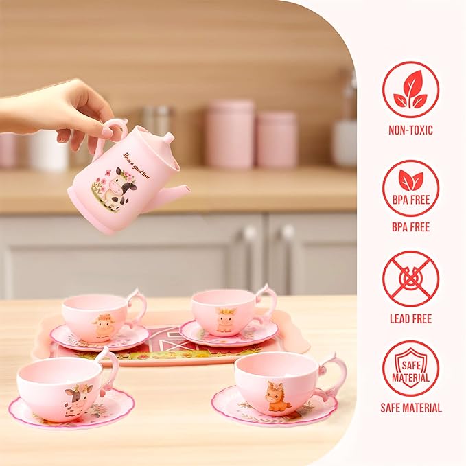 Toddler Farm Theme Tea Set for Girls 3-5, 47PCS Plastic Barn Animal Pretend Play Tea Party Set with Teapot, Cups, Tray, Desserts & Story Cards, Carrying Case Pink Gift Toy for Kids