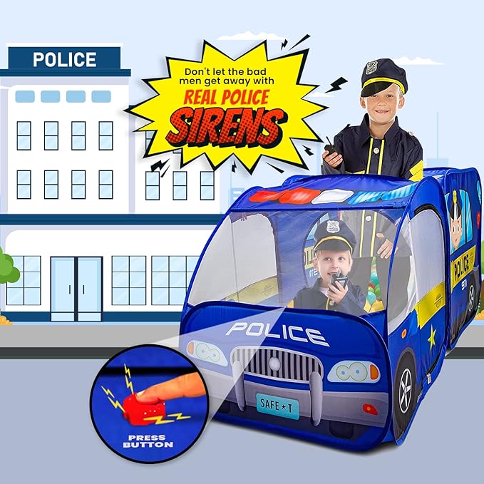 Police Car Pop Up Play Tent with Sound Button for Kids, Toddlers, Boys, Girls, Indoors & Outdoors – Playhouse for Interactive Fun - Foldable, Quick Setup Pretend Play Toys & Gift