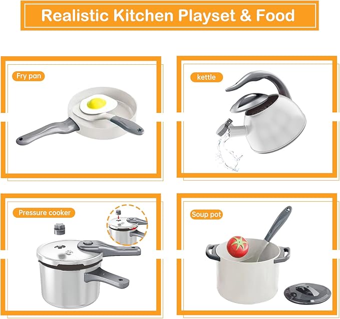 Bruvoalon 32Pcs Kids Play Kitchen Toys Set, Toddlers Pretend Cooking Playset Acccessories with Pots Pans, Utensils Cookware, Foods, Canned Veges, Learning Gift for Kids Girls Boys (White)