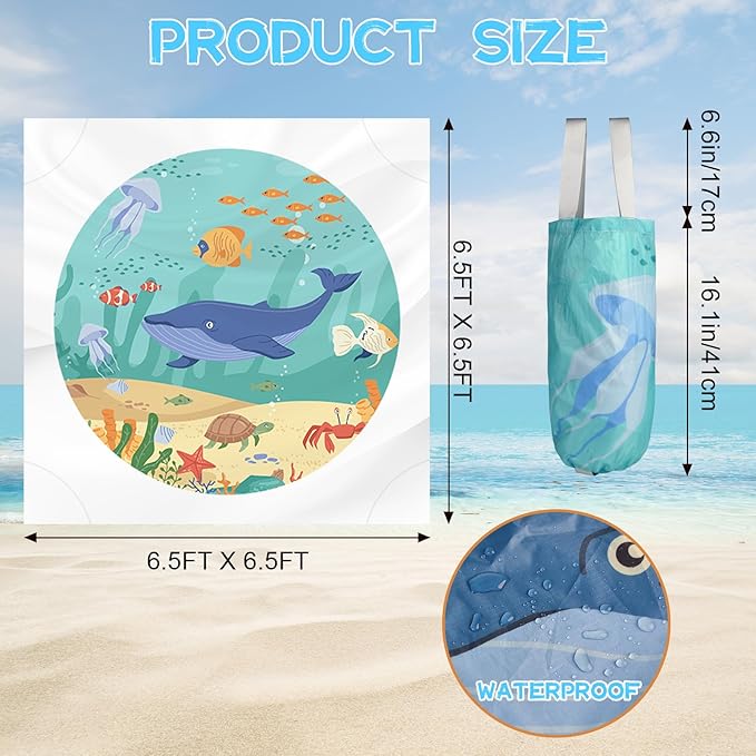 Square Baby Beach Pool, 6.5 X 6.5Ft Portable Cartoon Ocean Theme Toddler Beach Puddle, Waterproof Sandproof 2 in 1 Cute Toddler Paddling Pool Beach Blanket with Carrying Bag for Boys Girls