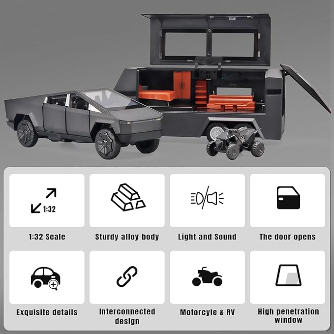 1/32 PickTruck Toy for Kids, Pickup Trailer RV Model Kit with Beach Motorcycle, Diecast Metal RV Car Model Pickup Truck Toy with Sound/Light/Pull Back Power, Ideal Gift for Boys Aged 6 and Up (Grey)