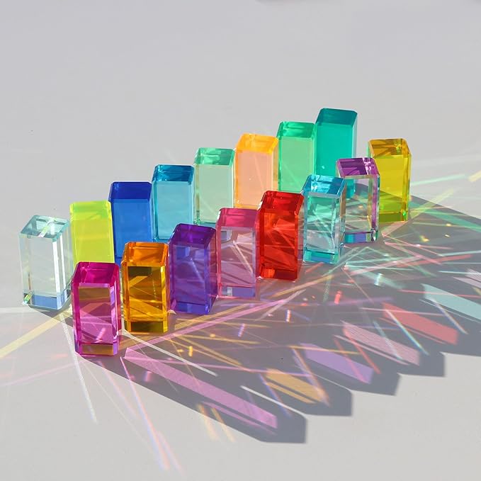 Rainbow Crystal Acrylic Strip Blocks Rectangle Stacking Gem Cubes for Kids - 16 Colors Educational Sensory Light Learning Toys (16PCS)
