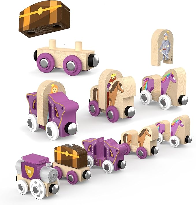 68 Pcs Fantasy Kingdom Adventure Wooden Train Set in Wooden Storage Box Unisex Children Toys Girls Boys 3 4 5 6 7 Years Compatible with Thomas, BRIO, Melissa and Doug, Imaginarium, IKEA