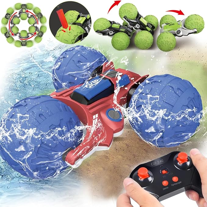 UNIQUE KIDS 1: 12 Waterproof Amphibious 360° + 360° Flip RC Car | Durable Inflatable Wheels | All-Terrain Water & Land Toy | 2.4 GHz for Kids 6-12 Years (Blue)