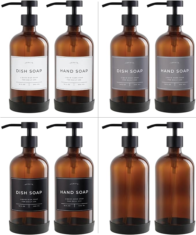 16oz Glass Soap Dispenser with Stainless Steel Pump, 21 Waterproof Labels, Non-Slip Protective Silicone Pad, Set of 2 for Bathroom & Kitchen (Amber Bottle/Black Pump)