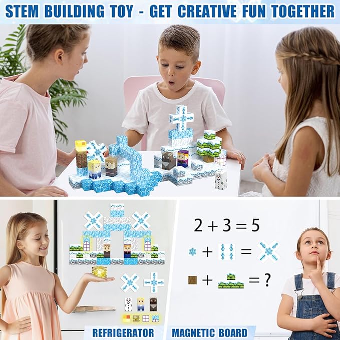200PCS Magnetic Blocks Frozen Toys, 1" Light Up Building Blocks Magnet Cubes Tiles for Toddlers Boys Girls 3+, Build Princess Castle Snow World, STEM Sensory Construction Toys