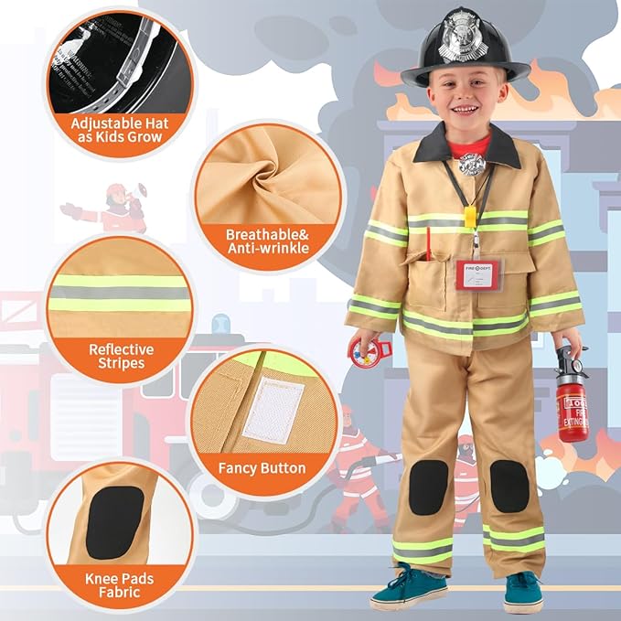 Firefighter Costume for Kids 3-5, Fireman Costume for Boys with Toy Accessories Set, Firefighter Clothes Suit, Toddler Fireman Dress Up Outfit 2-4t, Halloween Role Play for Boys Girls Age 4-7