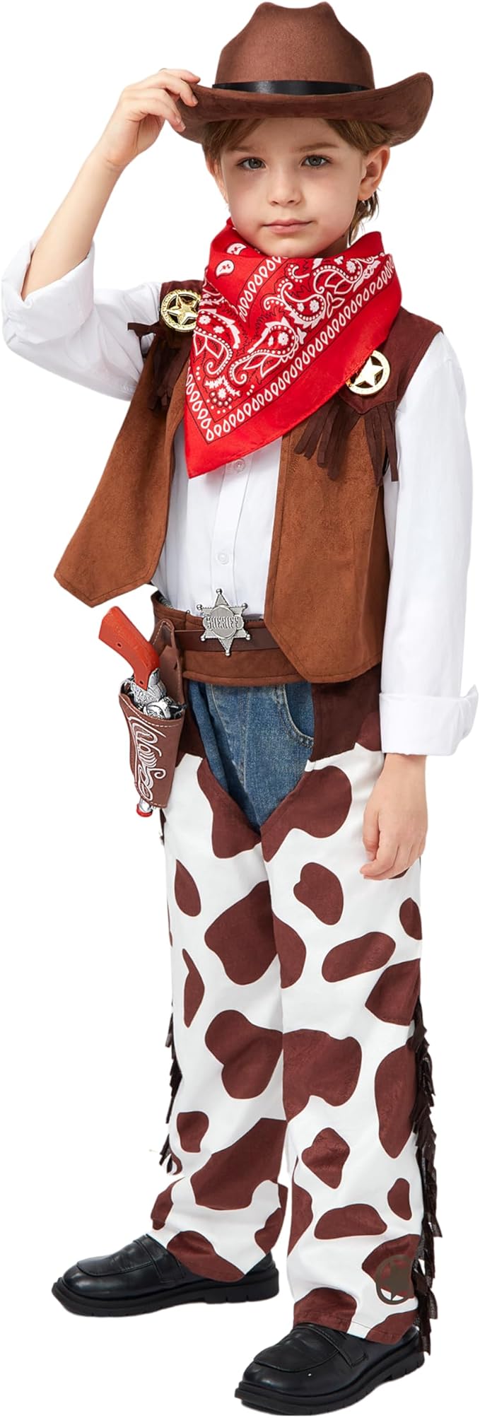 Spooktacular Creations Halloween Cowboy Costume for Boys, Kids Brown White Western Costume, Deluxe Cowboy Outfit Set with Hat for Toddler Halloween Dress-up, RolePlay Themed Party (Large, 10-12 yrs)