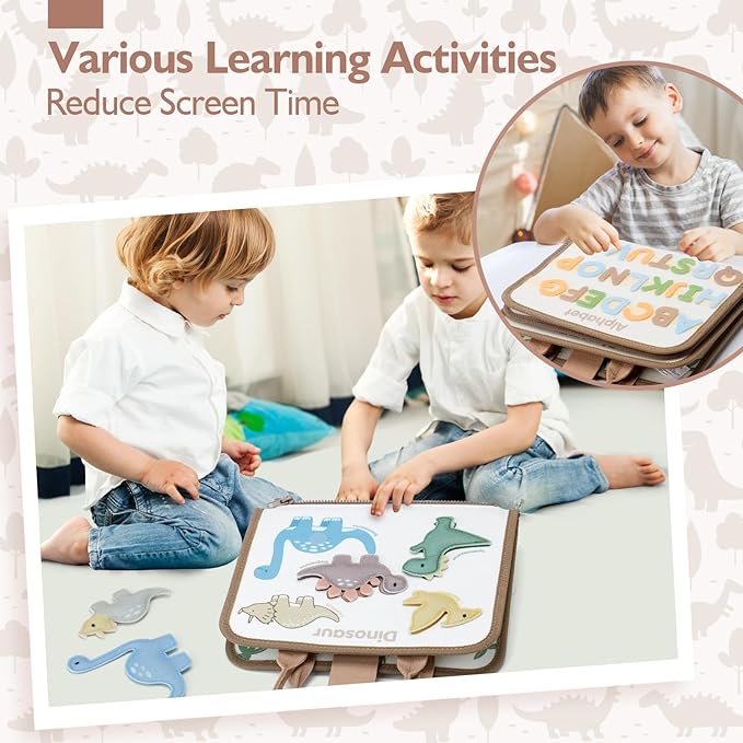 hahaland Montessori Busy Board for Toddlers 2-4 - 2 Year Old Boy Toys Birthday Gift - Travel Toys - Dinosaur, Alphabet, Number, Shape, Drawing, Life Skills