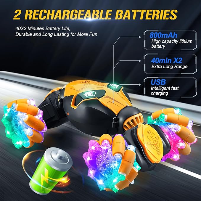 RC Cars Gesture Remote Control Car with Light Music 1:18 for Kids Age 6-12+ Hand Controlled Rc Car 2.4GHz 4WD Rc Stunt Car Gesture Sensing Double Sided Off Road Vehicle Toy Gifts(Yellow,2 Batteries)