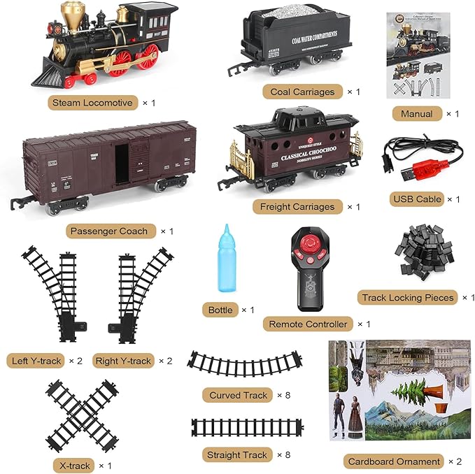 Train Set for Kids - Electric Remote Control Train Track Around Christmas Tree, Steam Locomotive Engine Train Railway Kits w/Smoke, Light & Sounds, Christmas Toys Gifts for 3 4 5 6 7 8 Year Old Kids
