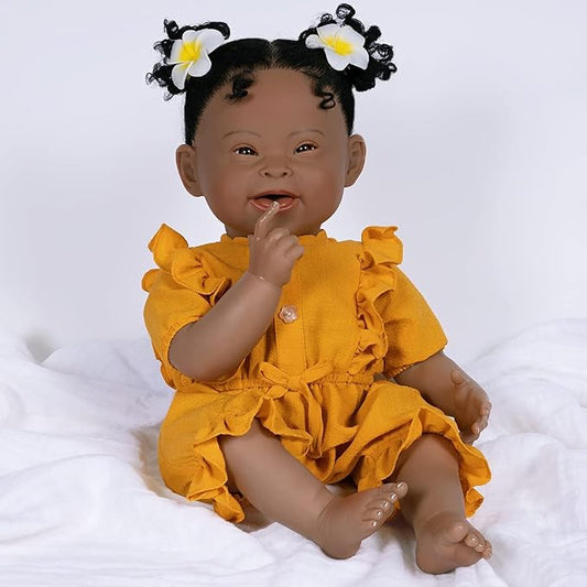 Paradise Galleries 21 Inch Realistic Reborn Baby Girl Doll with Down Syndrome Cute Mustard Yellow Dress Outfit and Accessories – Emma