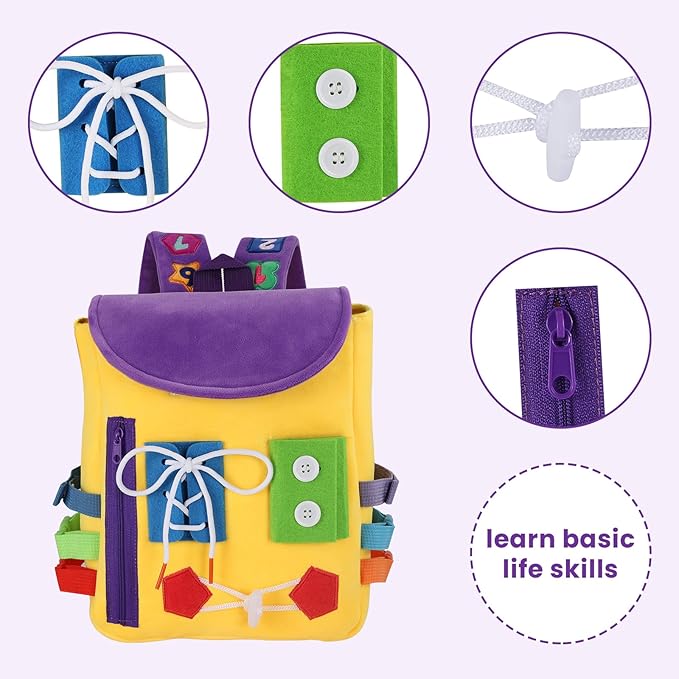 Busy Board - Toddler Backpack with Buckles and Learning Activity Toys - Develop Fine Motor Skills and Basic Life Skills - Learn to Tie Shoes - Children's Travel Toy (Yellow)