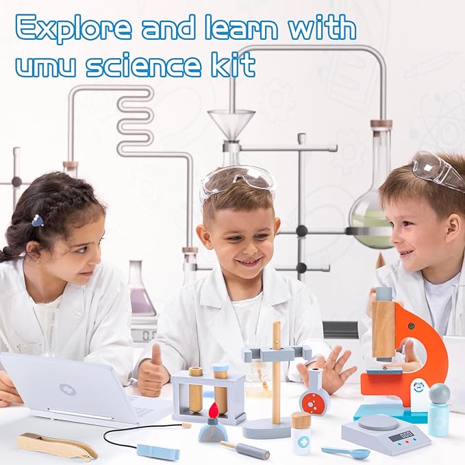 UMU® Wooden Science Experiment Kit for Kids, Doctor Dress Up for Children Ages 3-5 Scientist Costume Dress Up and Role Play Toys Gift for Boys Girls Kids Age 5-8