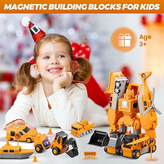Magnetic Transform Engineering Car Assembled Toys with Storage Box, Robot Magnetic Blocks Toy, Construction Vehicle Engineering Cars for Kids Ages 3-9 Toddler Activities - 35 Pieces