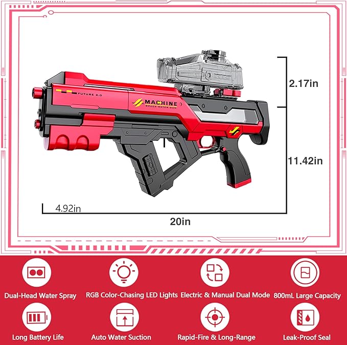 Electric Water Gun with LED Chasing Lights, 35 FT, Automatic & Manual Dual Mode High Powered High Capacity Squirt Guns for Adult Kid (Red)