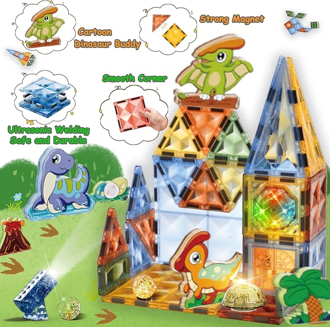 BINZKBB Magnetic Tiles 110PCS - 3D Lighted Magnet Building Blocks for Kids,Creative Dinosaur Toys Educational Sensory Stack STEM Construction Toys for Kids Ages 3 4 5 6 8 10+ Year Old Boys Girls