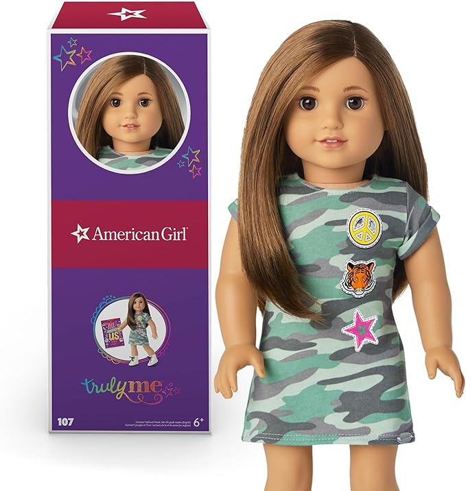 American Girl Truly Me 18-inch Doll #107 with Brown Eyes, Brown Hair, Light-to-Medium Skin, Camo T-shirt Dress, For Ages 6+