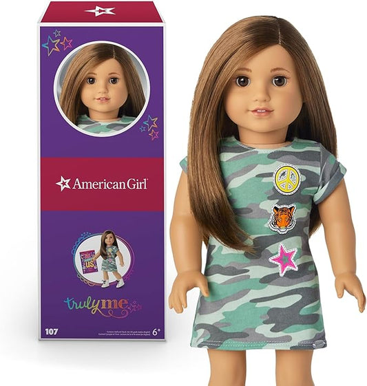 American Girl Truly Me 18-inch Doll #107 with Brown Eyes, Brown Hair, Light-to-Medium Skin, Camo T-shirt Dress, For Ages 6+