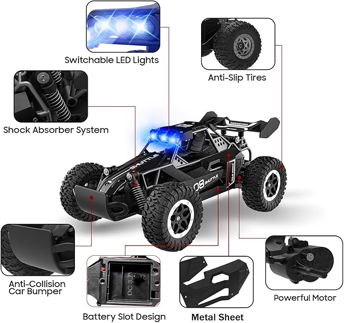 Remote Control Car for Kids 3 4 5 6 7+, 20 KM/H High-Speed RC Cars with LED Lights, 2.4GHz 2WD Monster Truck Toys, Rechargeable RC Car, Toy Cars for Girls Boys, Christmas & Birthday GiftsâBlack