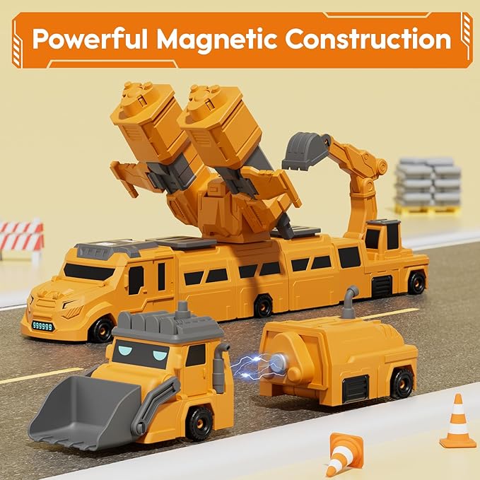 Magnetic Transform Engineering Car for Boys 4-6, Assembled Transforming Robot Toys for Kids 5-7, 10 in 1 Construction Vehicles Toy Sets, Birthday Gifts for Boys Age 3 4 5 6 7 8
