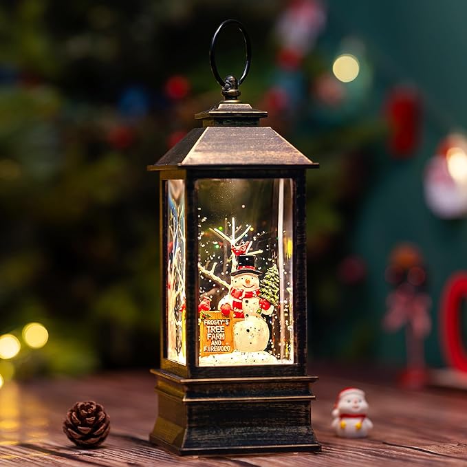 Christmas Snow Globe Lantern Water Glittering Snowman Christmas Tree Crown with Music, USB Lined Operated Lighted Lantern for Christmas Festival Decoration Gifts