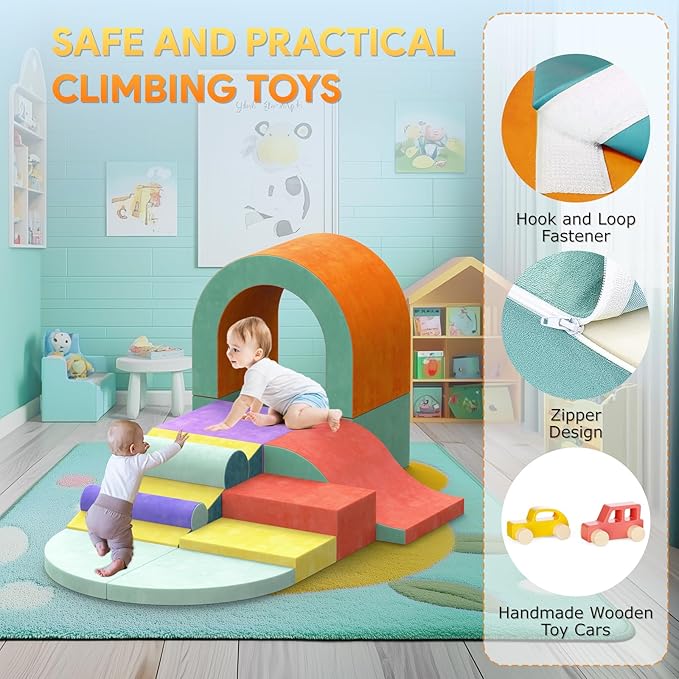 Foam Climbing Blocks for Toddlers, 12-Piece Colourful Toddler Climbing Blocks, Soft Play Climbing for Toddlers with Toy Car, Flexible Crawling and Sliding Climbing BlocksMK90