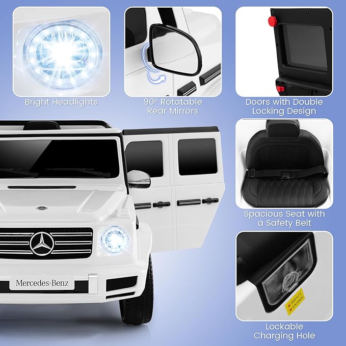 Costzon Ride on Car, Mercedes-Benz G500 Licensed Truck w/Rocking Mode, 3 Speeds, Remote, Horn, Music & LED Lights, Spring Suspension, 12V Battery Powered 4WD G Wagon Electric Vehicle for Kids (White)