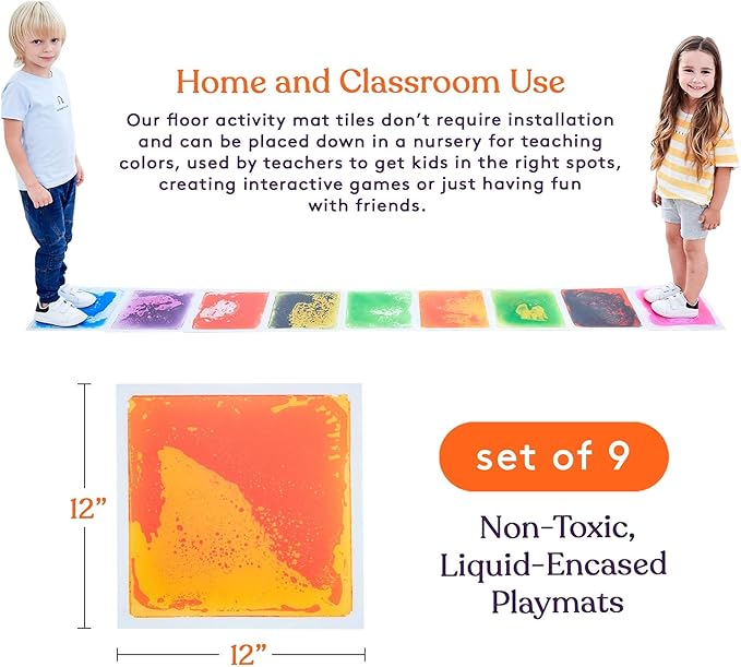 Special Supplies Square Floor Liquid Tiles for Kids, Set of 9, Colorful Early Learning Sensory Activity Mats for Toddlers and Children, Anti-Slip Backing for Active Play, Dance, and Games