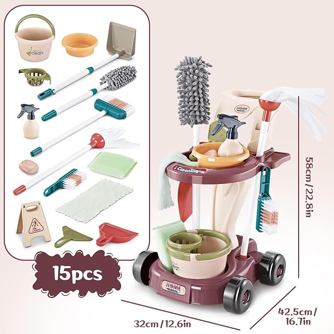 deAO Kids Cleaning Set,Pretend Play Detachable Housekeeping Cart with Broom,Dust Pan,Spray Bottle Children House Cleaning Tools Toys,Educational Toddler Cleaning Carts