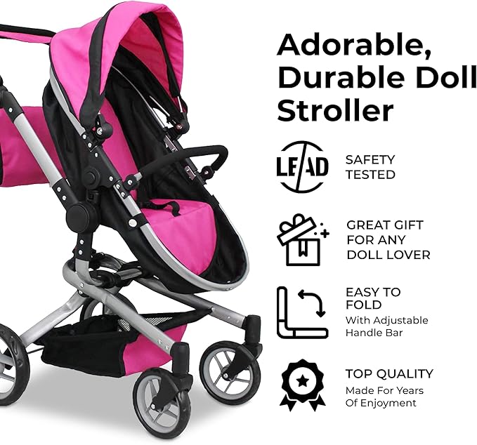 Mommy & Me 2 in 1 Deluxe Baby Doll Stroller, Toy Baby Stroller with Diaper Bag, Foldable, Doll Carriage for Kids, 32 Inches