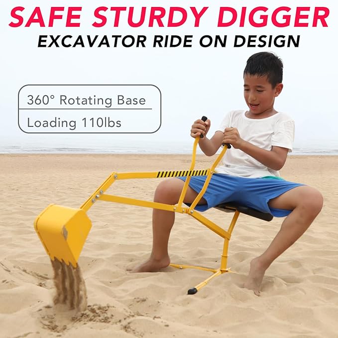 Sand Digger Sandbox Digger Toy, 360°Rotating Base, Sturdy Stable Steel Frame Structure-Metal Bucket, Kids Digger Excavator Digging Toys Excavator Ride on, Ideal for Sand Sandbox Beach Snow