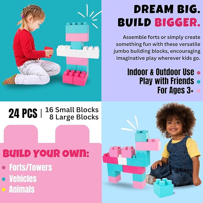 Liberty Imports 24 PCS Giant Blocks for Toddlers, Set of Plastic Large Building Blocks for Kids Creative Play, Big Stacking Bricks for Children, Kids (Pastel Colors)