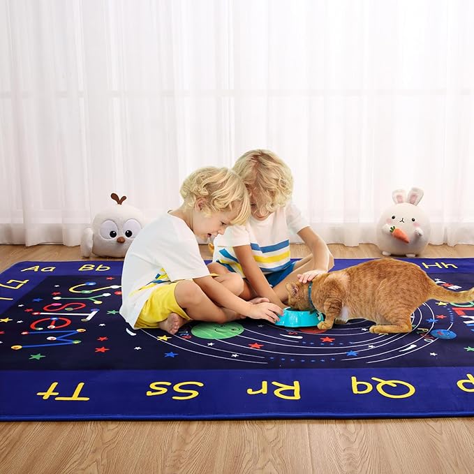 Solar System Kids Area Rug 5x7 Outer Space Rugs Ultra Soft Low Pile Universe Planet Theme Kids Play Mat Non Slip ABC Alphabet Educational Toddler Carpet for Classroom Bedroom Playroom Blue