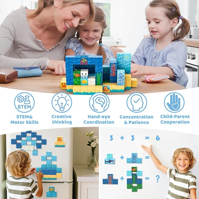 100 PCS Magnetic Blocks for Kids Ages 3 4 5 6 7 8 9 10, STEM Sensory Ocean Magnetic Toys, Christmas Birthday Gifts for Toddlers Boys & Girls