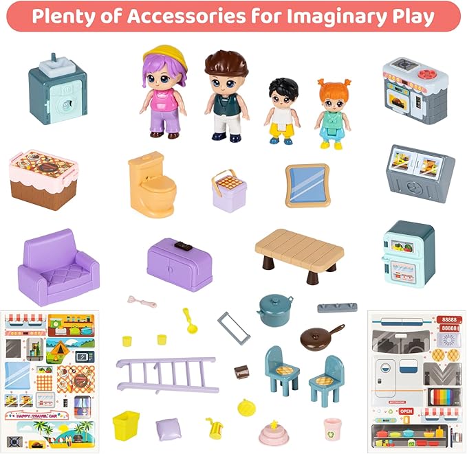 Marstone Doll House Toys for Girls 3 4 5 6 7 8+ Year Old, Transformable Dream Camper House with Little People, Pretend Play RV Set Dollhouse Inertia Vehicle with Sound and Music for Birthday Gifts 3+