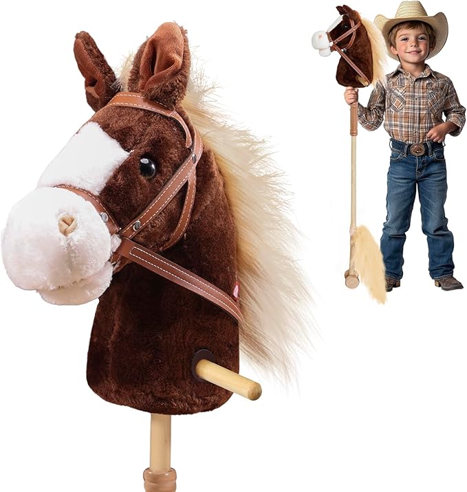 Plush Stick Horse with Wood Wheels Real Pony Neighing and Galloping Sounds Toy, Horse on A Stick Provides Fun Pretend Play for Toddlers & Preschoolers (AA Batteries Required)