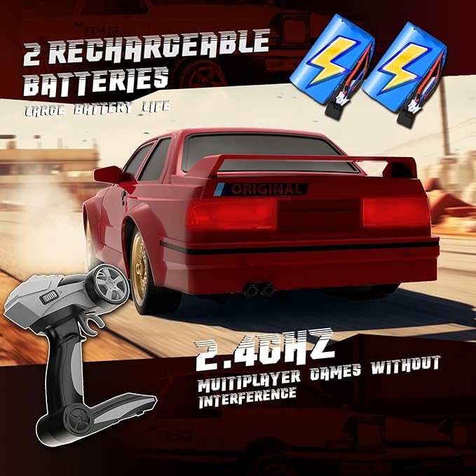 RC Drift Car 2.4GHz 1:16 Scale 4WD 30KM/H High Speed Remote Control Cars Vehicle with LED Lights 2Pcs Rechargeable Batteries Drifting Tires Racing Sport Toy Cars for Adults Boys Girls Kids Gift