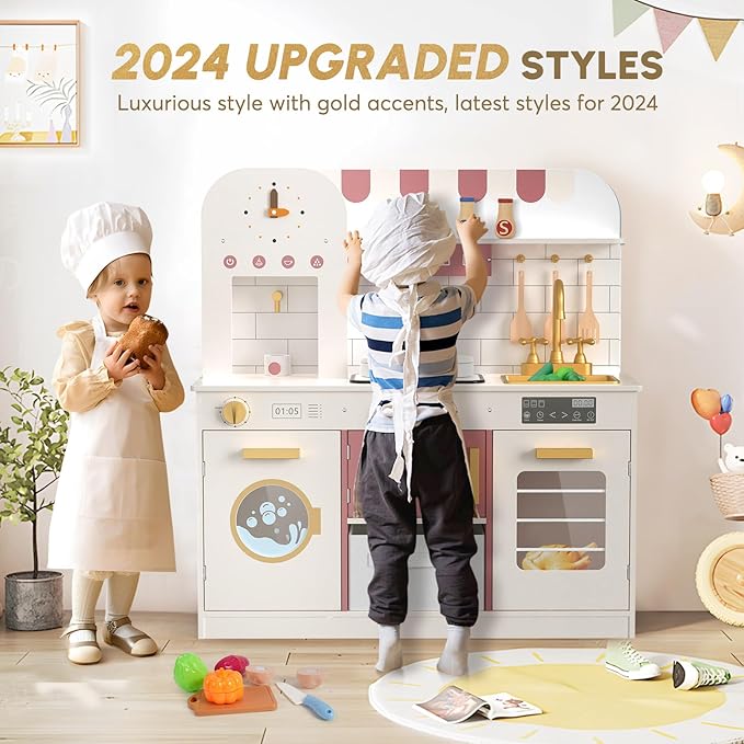 BIERUM Play Kitchen with Realistic Lights & Sounds, Wooden Kitchen Playset for Toddlers, Toy Kitchen with 26 Pcs Toy Food & Cookware Accessories, Gift for Boys & Gilrs Ages 3+