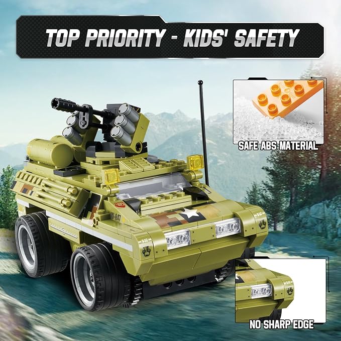 Wise Blocks 371 Pcs Building Blocks Remote Control Car, Building Toys for Boys Age 8-12, STEM Toys Construction Sets, RC Cars Boy Toys Birthday Gifts for Kids Age 8+, RC Military Armored Truck