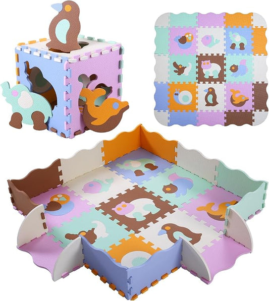 Foam Play Mat for Kids,25Pcs Square Interlocking Puzzle Floor Mat,Baby Play Mat Floor Mat Foam Puzzle Playmat for Toddlers with Fence(Animal-CSH007