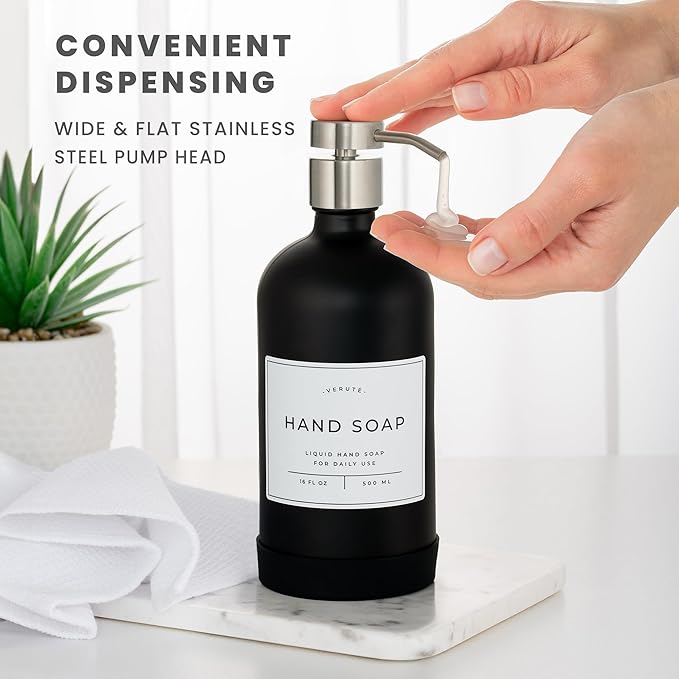 16oz Glass Soap Dispenser with Stainless Steel Pump, 21 Waterproof Labels, Non-Slip Protective Silicone Pad, Set of 2 for Bathroom & Kitchen (Matte Black Bottle/Brushed Silver Pump)