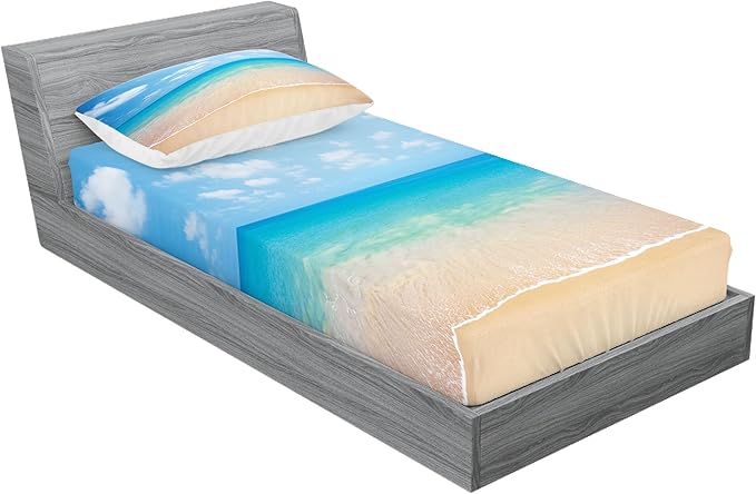 Ambesonne Ocean Fitted Sheet & Pillow Sham Set, Dreamy Hot Tropical Sea Coast with Soft Waves and Sunny Sky Landscape Nature Life, Decorative Printed 2 Piece Bedding Decor Set, Twin, Beige Aqua