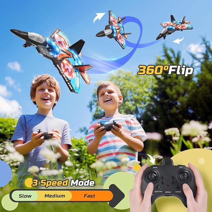 Foam Drone RC Airplane for Kids and Beginners, Remote Control Plane Fighter Jet Helicopter with Light, Auto Hovering, 360° Flip and 2 Batteries (18Mins)