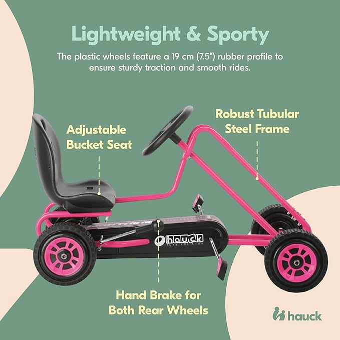 hauck Kids Pedal Go Kart, 4 Wheel Bike Cart, Ages 4-8, Lightning Ride, Pink