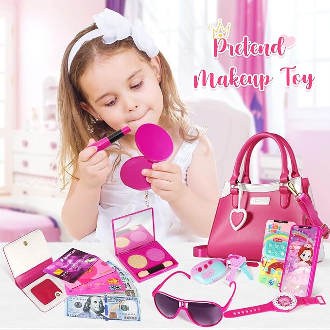 Shemira Play Purse for Little Girls, Princess Pretend Toys for Girls 3 4 5 6 7 8 Years Old, Christmas & Birthday Gift for Girls Age 3-5 4-6 6-8, Toddler Purse with Accessories, Kids Toy Purse,Pink