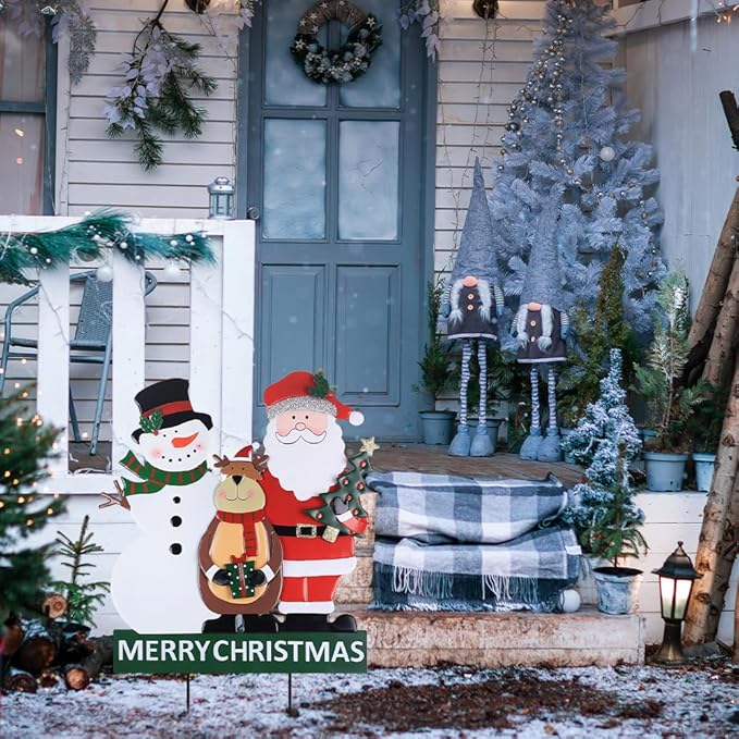 YEAHOME Outdoor Christmas Decorations, 3 Metal Snowman Santa Claus Deer Decorative Garden Stakes for Christmas Outdoor Yard, Xmas Signs for Home Outside Yard Lawn Porch Pathway Xmas Decor